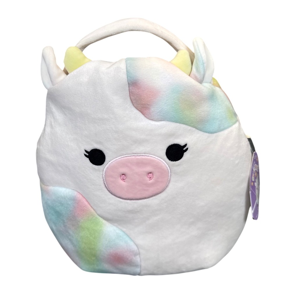 NWT Squishmallows 11" Candess Cow Easter Basket Plushie‎ Rainbow Pastel Handles